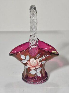 Vintage Cranberry Rose Westmoreland Glass Floral Hand Painted Basket Signed